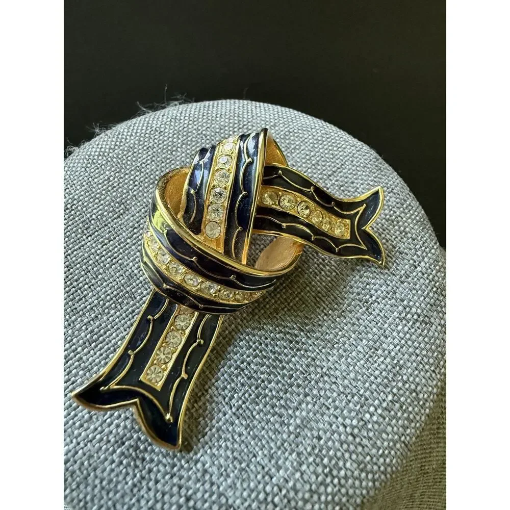 Vintage Joan Rivers Brooch Pin Knot Gold Tone Black Enamel Rhinestone Statement